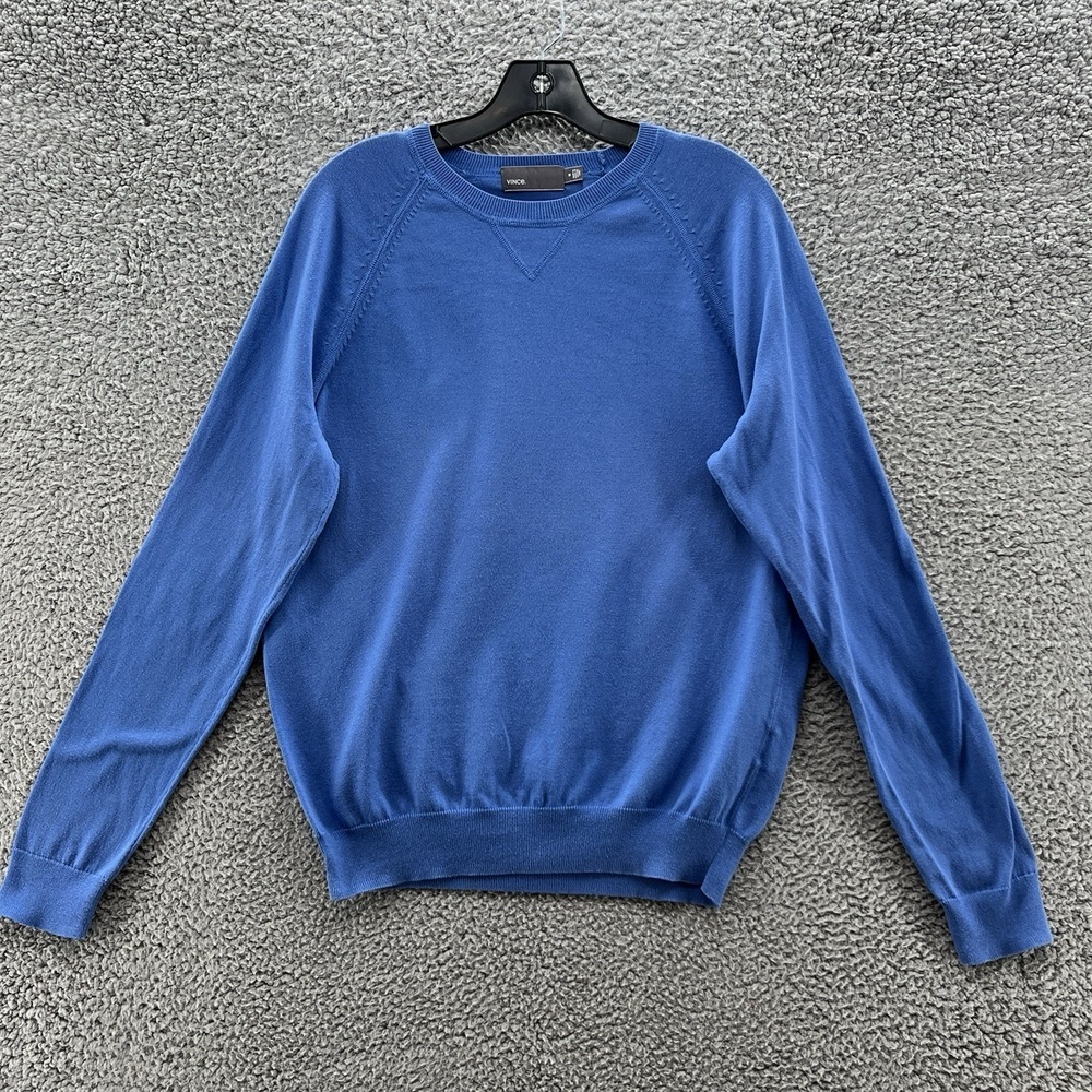 Vince Sweater Mens Medium Blue Lightweight Cotton Knit Elbow Patch Pullover